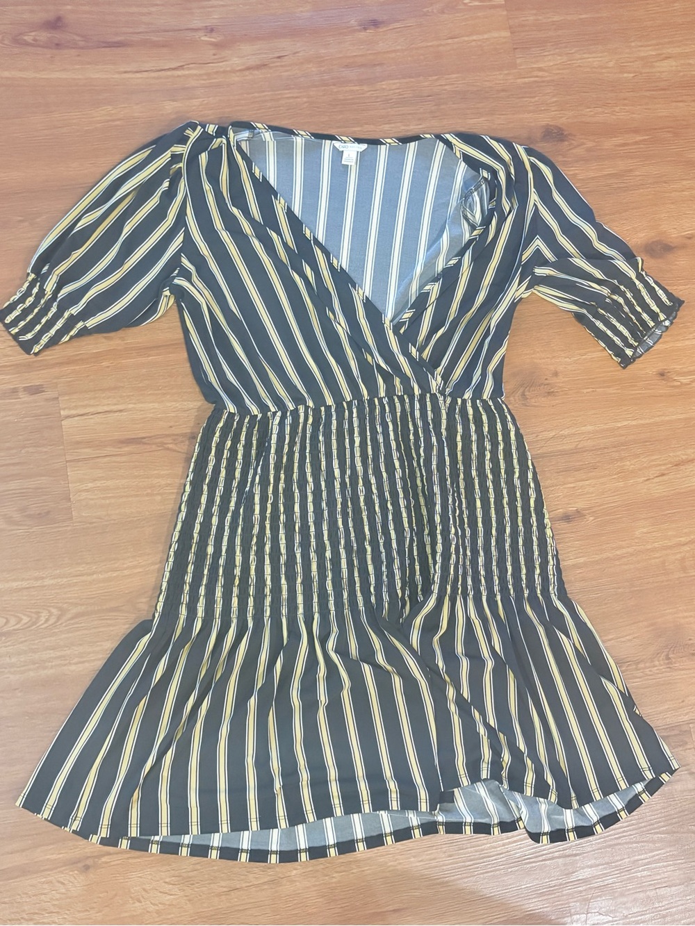 Cato Black and Yellow Striped Midi Wrap Dress